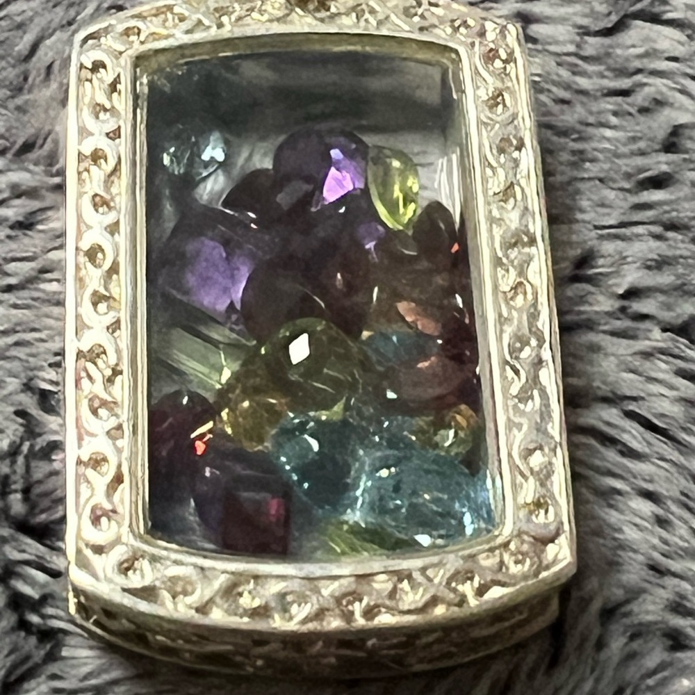 Vintage Sterling Silver Multi Gemstone Shaker Locket Pendant Necklace